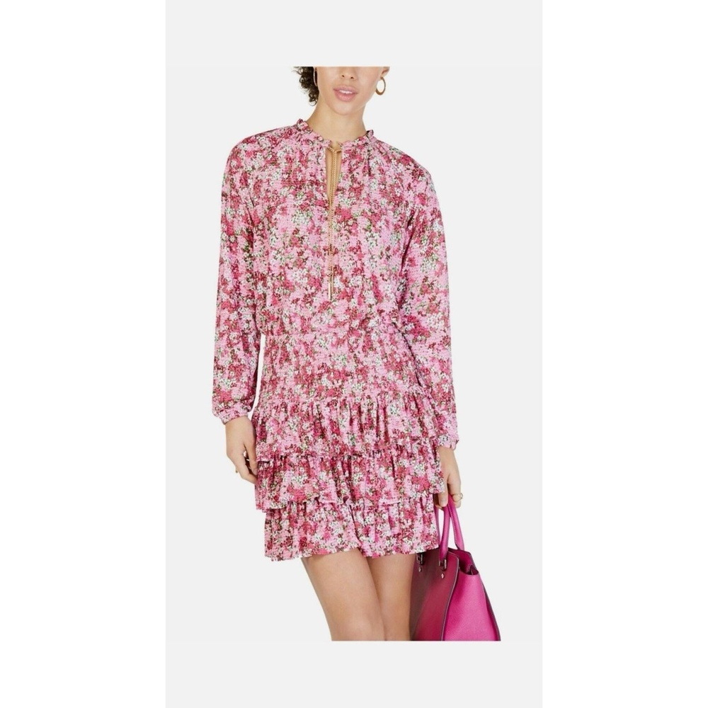 Michael Kors 2 piece Pink Floral Long Sleeve top & smocked/tiered skirt M